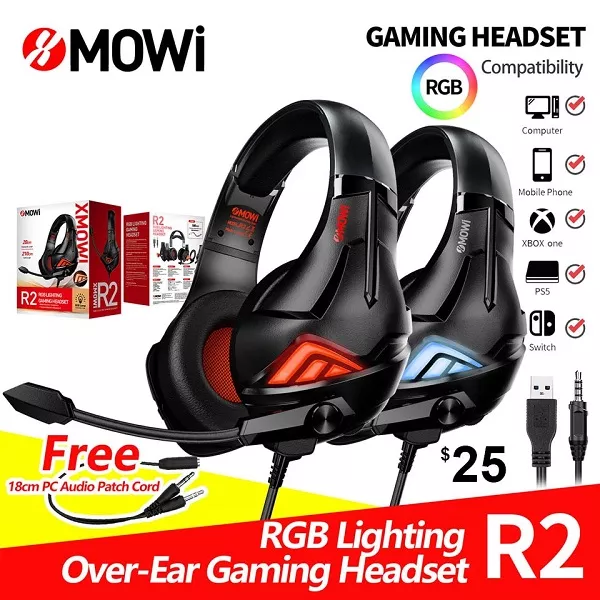 xMOWi R2 Stereo Gaming Headphone - Over Ear Headset - Noise Cancelling - with Mic - RGB LED BDxMOWi R2 Stereo Gaming Headphone - Over Ear Headset - Noise Cancelling - with Mic - RGB LED BD